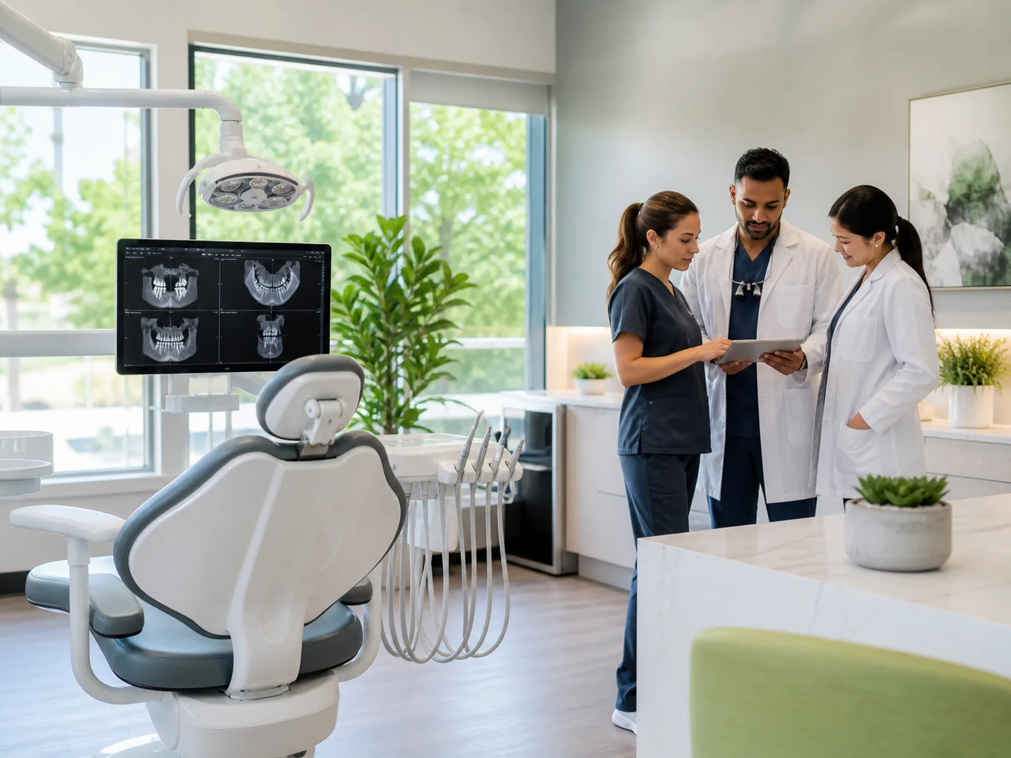 Specialty dental clinic consultation room with imaging technology and a coordinated care team